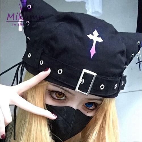 Harajuku Punk Gothic Cat Ear Cross Black Beret Hat Women Casual Rock Lace-Up Bucket Hat Chic Streetwear Hip Hop Caps