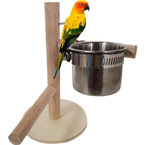 Pet Birds Feeding Dish Cup Parrot Wooden Standing Perch with Stainless Steel Food Water Bowl for Small Medium Bud