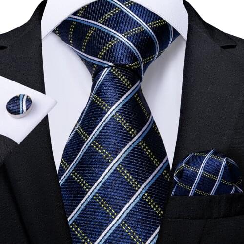 Blue Striped Plaid Ties For Men 8cm Width Mens Business Wedding Neck Tie Set Pocket Square Cufflinks Gravatas Homens Cravatta