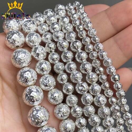 Round Silver Color Volcanic Lava Stone Beads Natural Hematite Loose Spacer Beads For Jewelry Making DIY Bracelet 15" 4/6/8/10mm