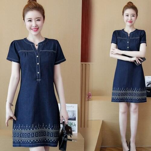 Summer Denim Dress Women Middle-aged Vintage Plus Size 2020 New Korean Short sleeve Embroidered Flower Dresses Female vestidos