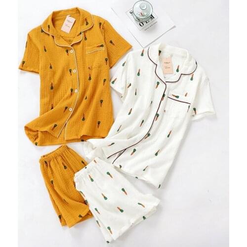 Summer Women 100% Cotton Crepe Pajamas Carrot Short Sleeve Shorts Loungewear Japanese Girls Sleepwear Set 2 Piece Sexy Nightwear