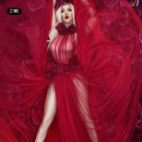 Red see through Flower women man Birthday Celebrate Dress club party Singer Stage Outfit Dance Long Dresses drag queen costumes