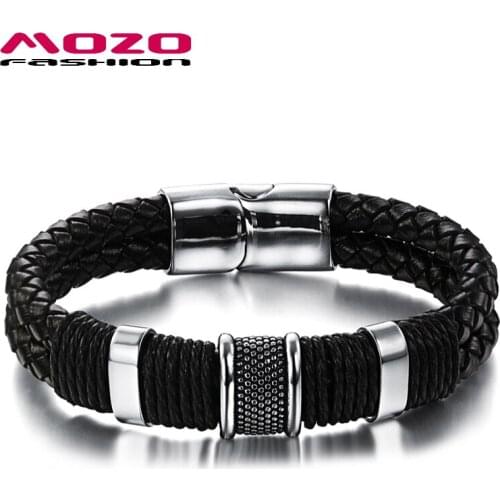 MOZO FASHION Men Charm Bracelet Black Leather Casual Bracelet Stainless Steel Magnetic Clasps Male Vintage Jewelry Gifts MPH891