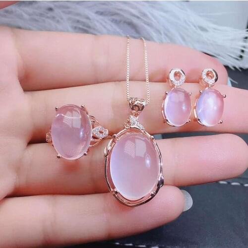 Real Natural Rose Quartz jewelry set Natural Real Rose Quartz 925 sterling silver 1pc pendant,1pc ring,2pcs Earring