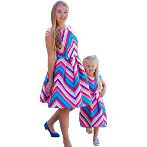 Mam And Daughter Dress 2021 Summer Famili Look Mommy and Me Kids Patchwork Striped Vest Dresses Mother Daughter Matching Clothes