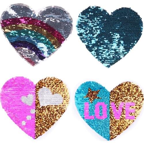 Prajna Sequin Reversible Patches Heart Patch Sew On Embroidered Patches For Clothes Stripes Stickers Kids Clothing DIY Appliques