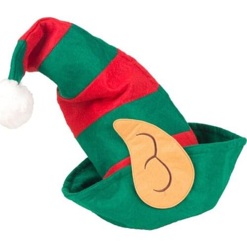 Christmas Elf Hat Red And Green Striped With White Pom Pom And Elf Ears Non-Woven Xmas Hat One Size Fits Most Christmas Caps