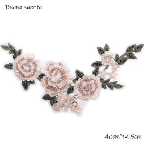 3D Embroidered Fabric Shallow brown Rose Flower Venise Lace Sewing Applique Lace Collar Neckline Collar Applique Accessories