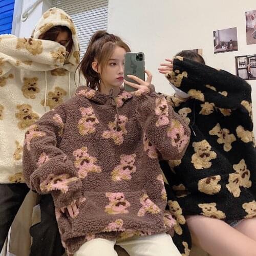 Cartoon printing imitation lamb wool bear hoodie women loose Korean version of the new autumn and winter thickened hoodie