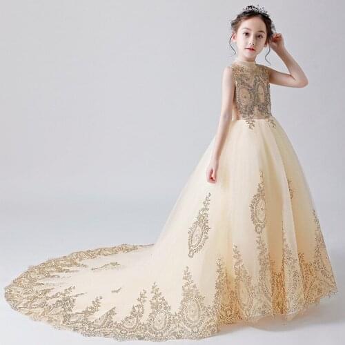 Gorgeous Chapel Train Junior Bridesmaid Girl Dress Children Gold Wire Celebration Birthday Evening Performance Show Party Dress