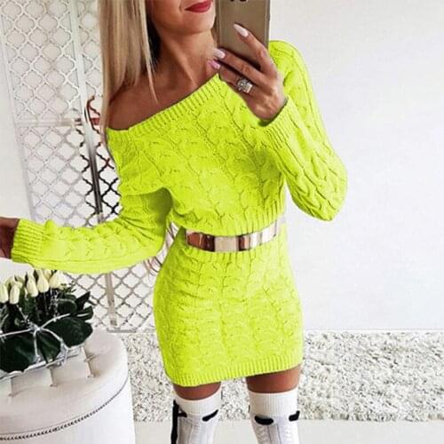 Medium and Long Fluorescent Twist Waist Off-the-shoulder Sweater Dress SMT Sweater