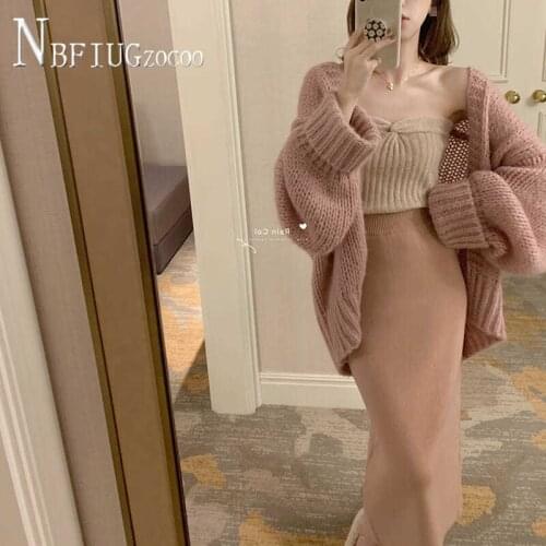 Knitting Mohair Fluff Women Sets Cardigan And Camisole Female Sets