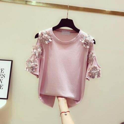 Beaded Flower Women T-Shirt And Shirts Off Shoulder Sexy Solid Office Lady Elegant Pink White Shirts Outwear Tops
