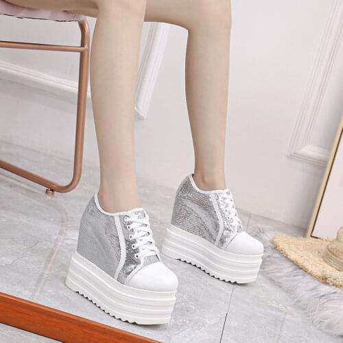 New Autumn White Hidden Wedge Heels Casual Shoes Woman Bling Platform Shoes Elevator 13.5CM High-heels Walking Sneakers Women