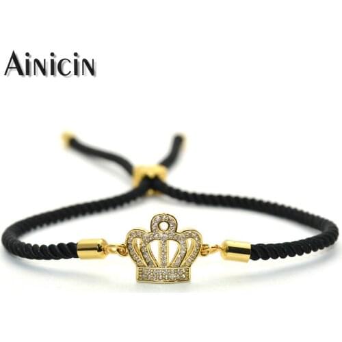 New Arrival Black Rope Sliding Chain Bracelet Rhinestone Crystal Setting Gold Crown Charm Adjustable Bangle For Women Gift 10pcs