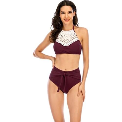 2021 Ladies Swimwear Sexy Hollow Stitching Contrast Color High Waist Swimsuit Split Bikini Hot Spring Swimsuit