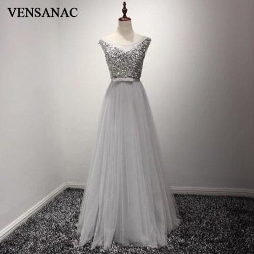 VENSANAC Crystals Sequined O Neck Long Evening Dresses 2018 A Line Lace Elegant Bow Sash Tulle Party Prom Gowns