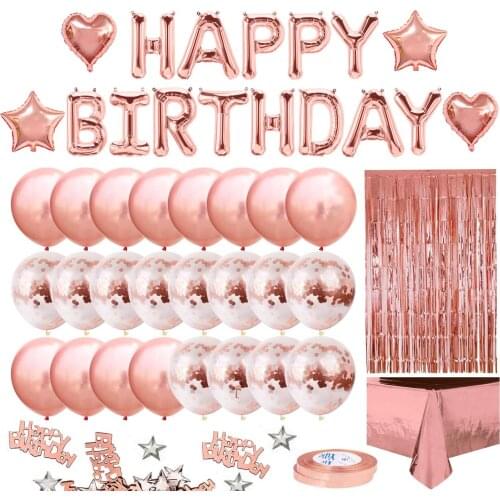 Gold Birthday Party Decoration for Girls Women Happy Birthday Banner, Rose Gold Fringe Curtain Foil Tablecloth, Heart Star Confe