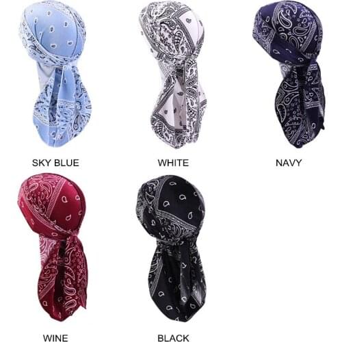 2020 New European And American Long Tail Imitation Silky Printing Amoeba Durag Hair Care Breathable Turban Hat Wholesale Durags