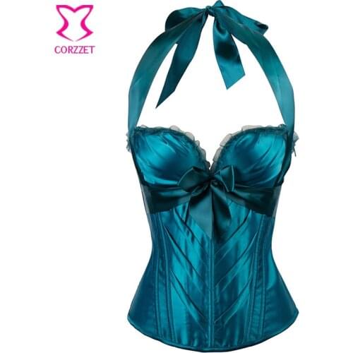 Ocean Blue Satin Push Up Bustier Halter Corset Gothic Top Sexy Corsets and Bustiers Burlesque Corselete Feminino Espartilhos