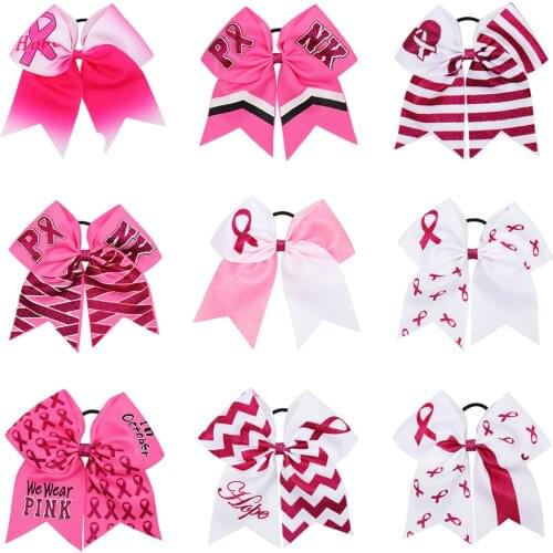 7'' Large Pink Cheer Bows Breast Cancer Awareness Hair Bows for Girls with Elastic Hair Rubber Band Cheerleader Girls Headwear