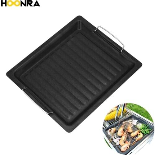 HOONRA Black BBQ Grill Pan Durable Barbecue Plate Non-stick Pan Kitchen Outdoor Barbecue Camping Cooking Tools