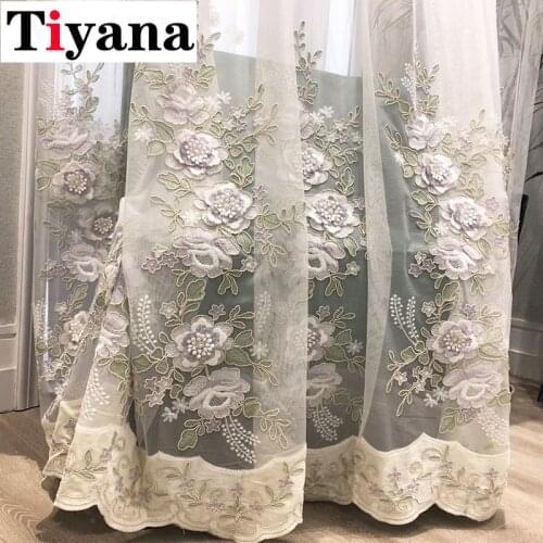 European high-end luxury window screen embossed rope embroidery flower tulle curtain for living room bedroom beige sheer ZH400X