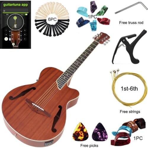 Full Sapele Wood F Hole 40 Inch Electric Acoustic Guitar Folk Guitar Matte Brown 6 Strings Guitar Wood Guitar with Guitar Pickup