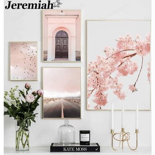 Pink Flower Canvas Painting Road Building Door Poster Wall Art Modern Home Decoration Accessories Craft Gift Design