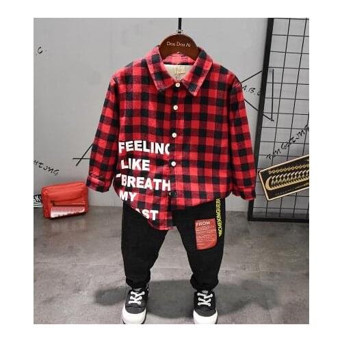 Baby Boy Clothes Set Long sleeve Plush plaid shirt + plush jeans 2Pcs boys Clothes Sets 2-6Year casual childrens wear