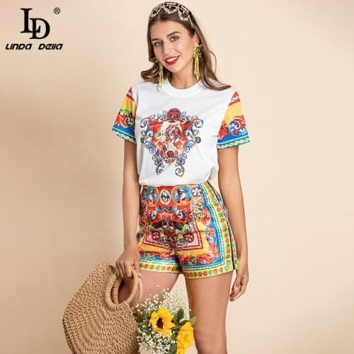 LD LINDA DELLA 2021 Summer Runway Fashion Two Pieces Shorts Set Womens Casual pullover Top and Vintage Print Shorts Suit