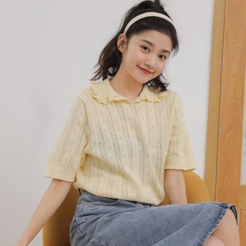 Cute Tringy Selvedge Turndown Collar Knitted T-shirt Women Summer Short Sleeve Slim Tees Tops Japan Style Soft Sister Kawaii Top