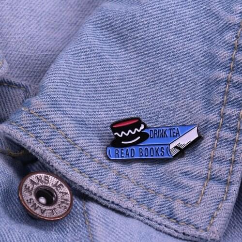 Drink Tea I Read Books Enamel Cup And Book Brooch Life Style For Men Women Lapel Jeans Shirt Bags Badge