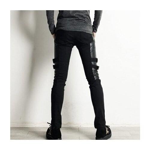 2016 men Male slim casual pants male personalized leather pants decoration black trousers boot cut jeans costume singer costumes