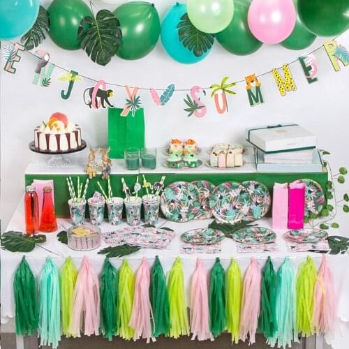 Jungle Party Decoration Kit Disposable Paper Plates Cups Straws Napkins Enjoy Summer Banner Palm Leaves Tropical Safari Animal