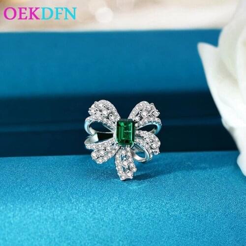 OEKDFN S925 Sterling Silver Bowknot Ring Cultivate Emeralds Wedding Engagement Women Rings Luxury Surprise Anniversary Jewelry