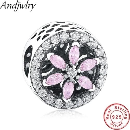 Fit Pandora Charms Bracelet Silver 925 Original Beads Charm Flower Pink Zirconia Crystal Beads for Jewelry Making Women Berloque