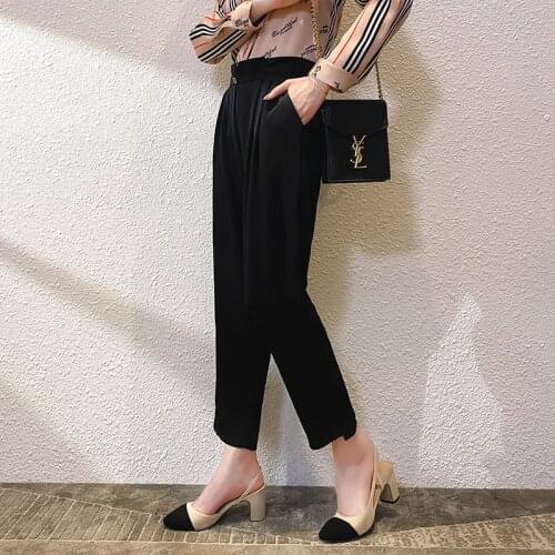 Silk pants women black high-waist casual nine-point wide-leg women loose straight-leg pants