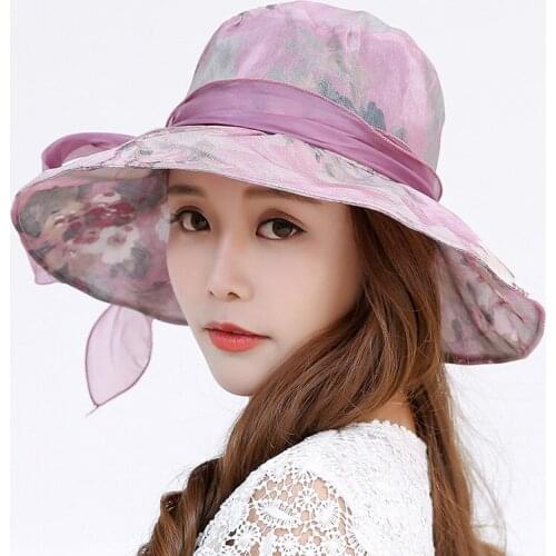 Womens Cloth Big Brim Sun Hat New Korean-Style Foldable Sun Protection Big Brim Hat Bow Sunbonnet Summer