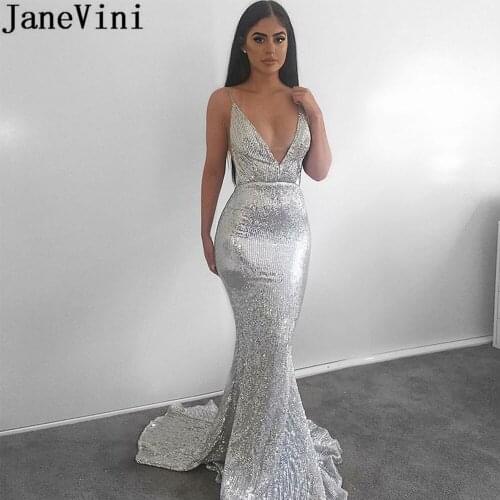 JaneVini Sexy Silver Prom Dresses 2019 Sparkly Sequined Women Party Gown Shiny Elegant Mermaid Long V Neck Evening Runway Dress