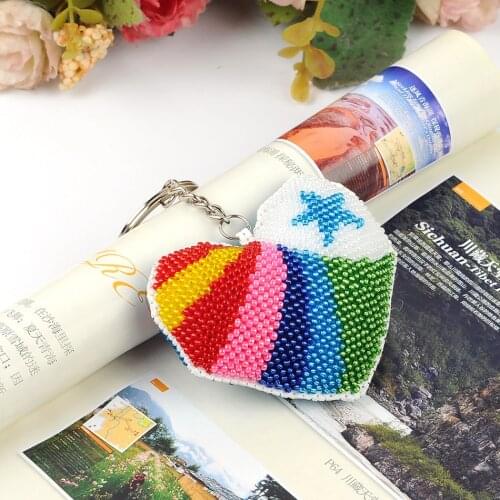 Y045colorful love key chain, beaded cross stitch printing, peace heart pendant, beaded rainbow love two sides
