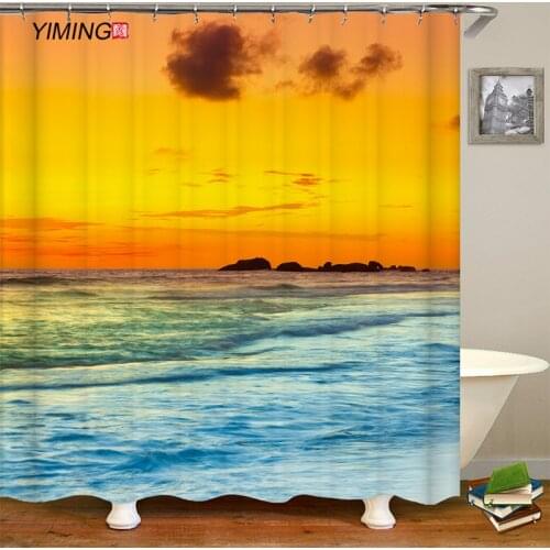 Bathroom curtain polyester waterproof shower curtain sunset seaside 3D scenery home decoration curtain with hook