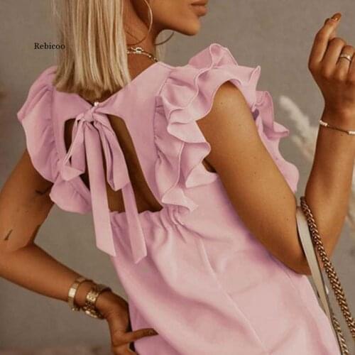 Women Ruffle Short Sleeve Backless Lace Up Blouse Solid Oversize 3Xl O-Neck Lady Blouses Summer Loose Casual Fashion