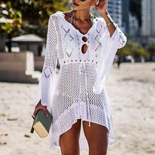 Women Beach Cover Up 2021 Sexy Hollow Out Knitted Women Flared Sleeves Solid Color Beach Dress for Vacation