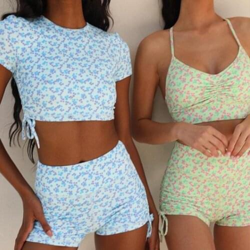 Women Flower Bandage Yoga Suit Exercise Short sleeve Shirts Shorts Yoga Gym Sweat Sport Workout Running Fitness Set