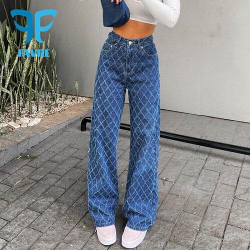 FAVRE Women Jeans Spring Autumn Diamond Plaid Raw Edge Straight Leg Pants Womens High Waist Washed Baggy Trousers