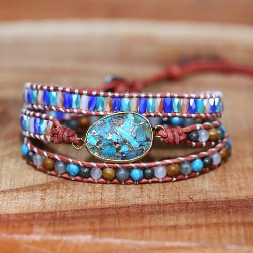 Womens Bracelet Natural Stone Bracelet with Turquoise Binding Hand Woven Multi-layer Leather Bracelet National Style Jewelry