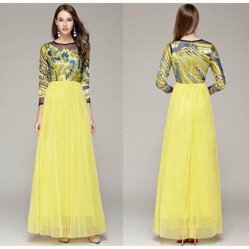 B0074 New embroidery Tulle Yellow Prom Ball Gown Formal Long Sleeves Maxi Wedding Women Dresses A-Line
