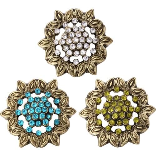 10pcs/lot New Bronze Snaps Jewelry Ginger Rhinestone Flower 18mm Snap Buttons for Leather Metal Snap Bracelet Bangle for Women
